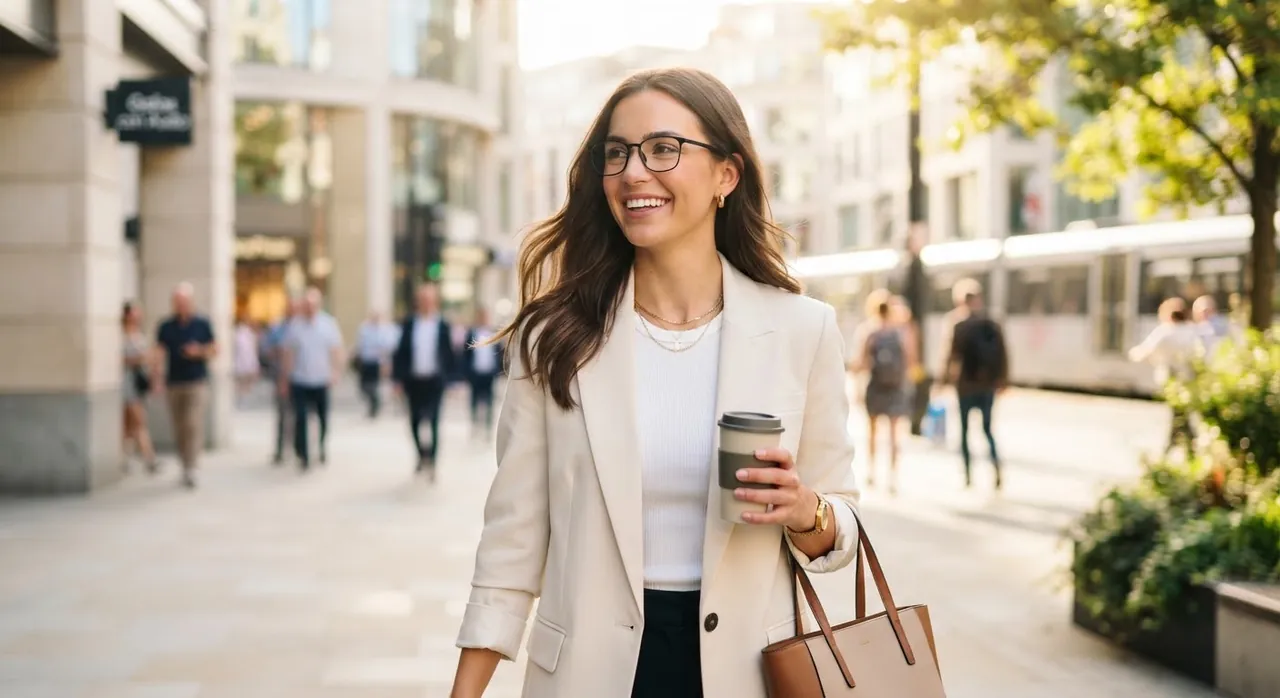 Una persona camina por una calle comercial llevando puestas unas gafas inteligentes de aspecto corriente. (imagen generada con IA)