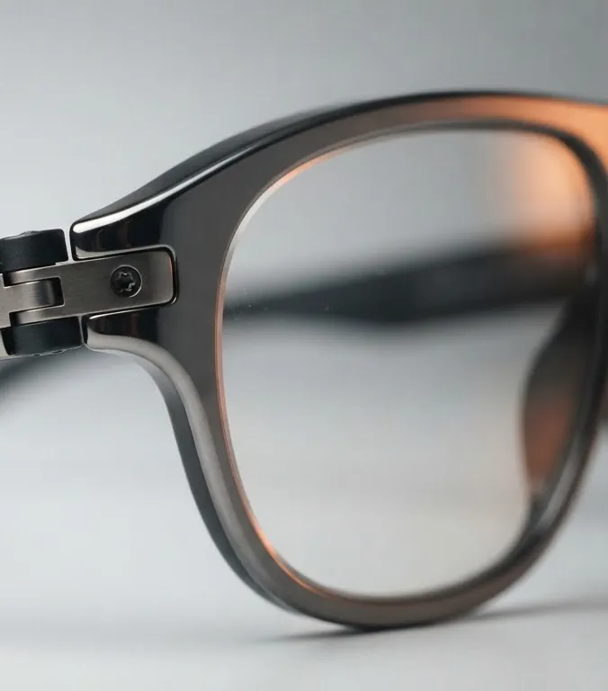 Macro de la bisagra y la lente de unas gafas de realidad aumentada, con la óptica visible en el borde. (imagen generada con IA)