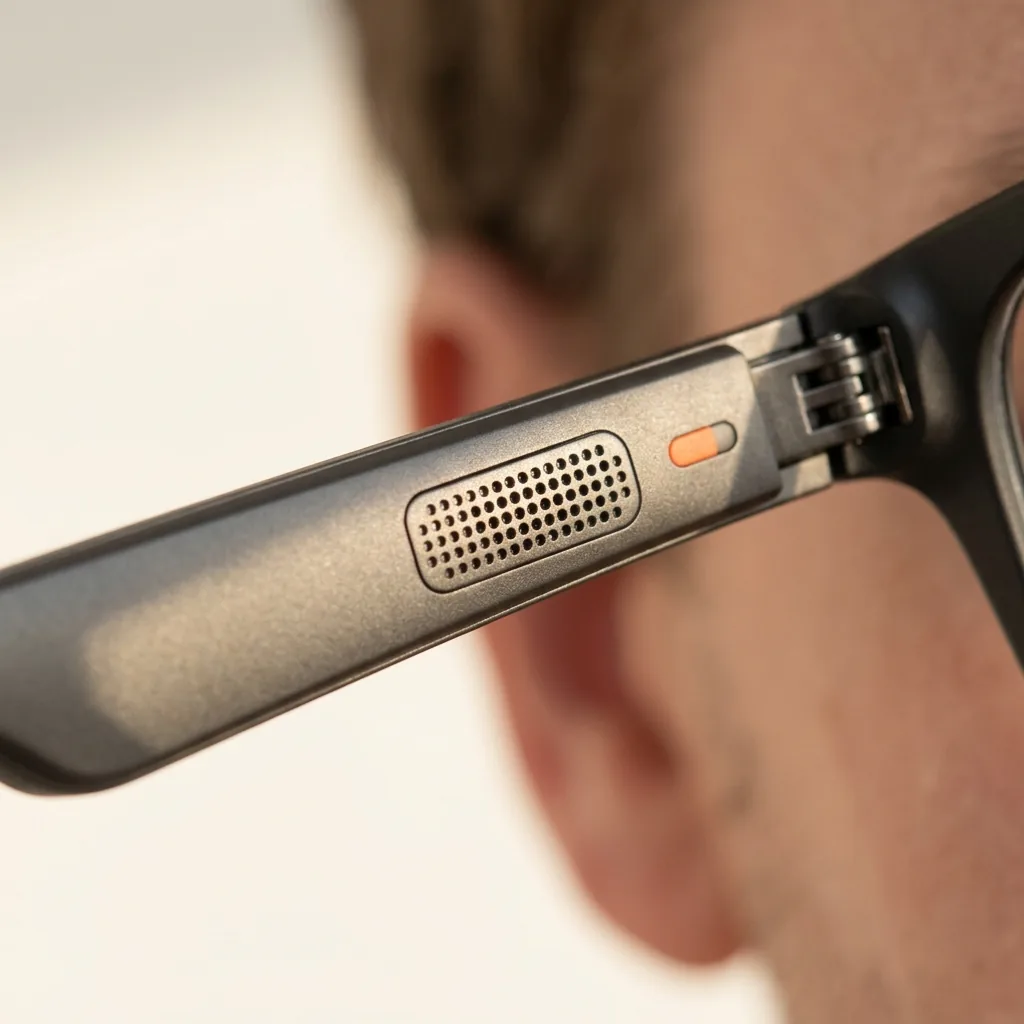 Detalle del altavoz direccional integrado en la varilla de unas gafas de audio, a la altura de la oreja (imagen generada con IA)