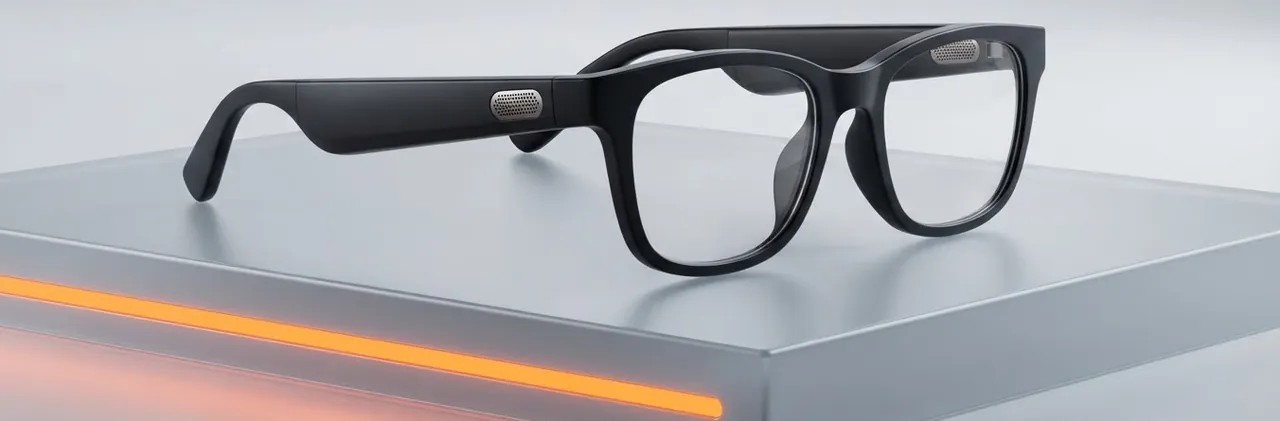 Gafas inteligentes de lente oscura sobre una peana clara, iluminadas por una línea de luz naranja. (imagen generada con IA)