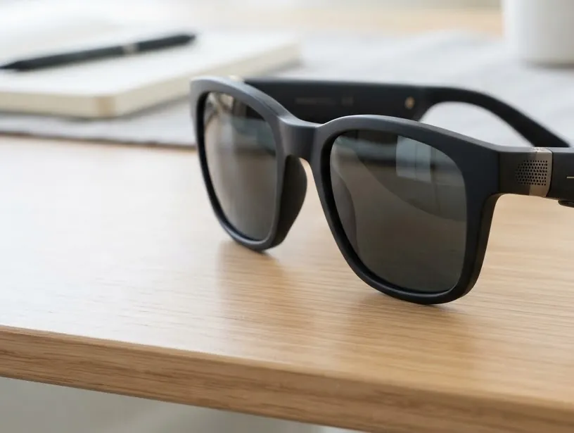 Unas gafas con altavoces integrados apoyadas sobre un escritorio de madera. (imagen generada con IA)
