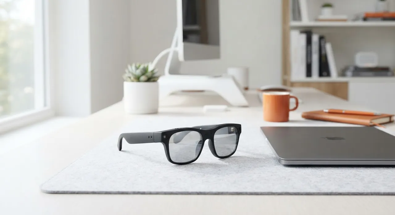 Unas gafas inteligentes discretas sobre un escritorio ordenado, junto a un portátil cerrado y una taza. (imagen generada con IA)