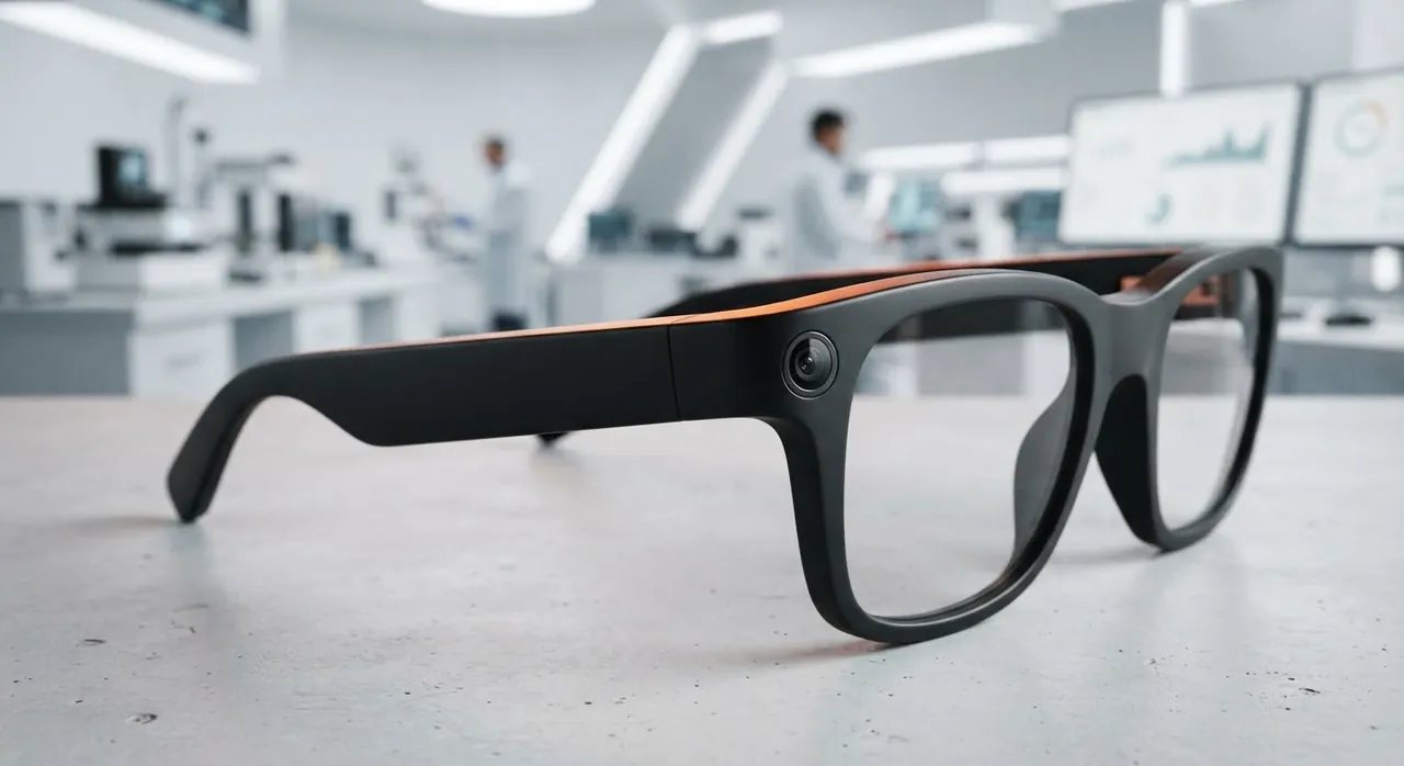 Primer plano de unas gafas inteligentes negras con una lente de cámara integrada en la montura y una línea naranja en la varilla. (imagen generada con IA)