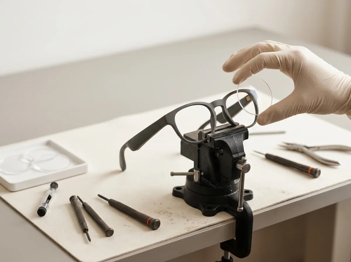 Óptico montando una lente graduada en la montura de unas gafas inteligentes (imagen generada con IA)