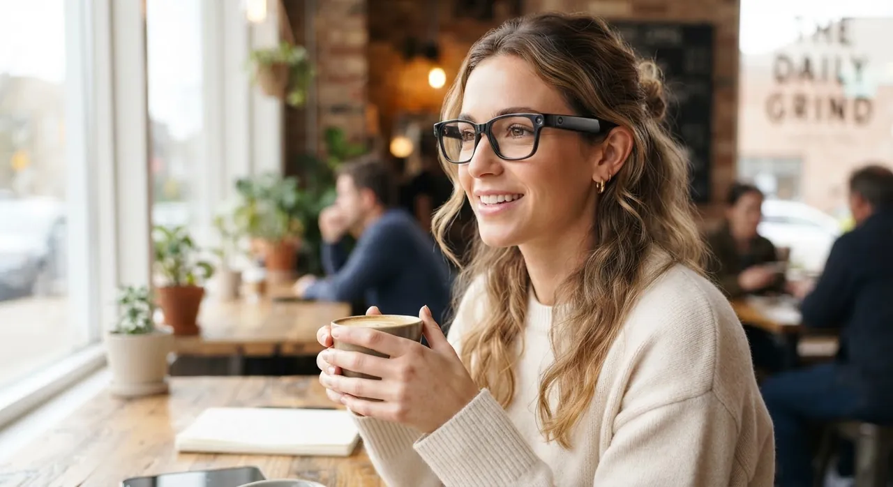Una persona sentada en una cafetería con unas gafas inteligentes puestas mientras sostiene una taza. (imagen generada con IA)