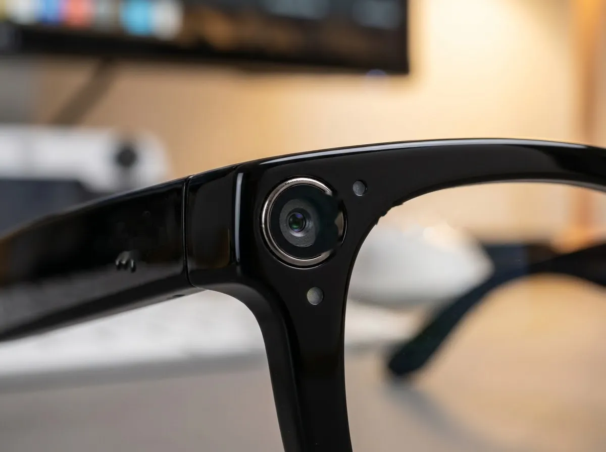 Detalle de la montura de unas gafas inteligentes con la lente de la cámara y el LED indicador. (imagen generada con IA)