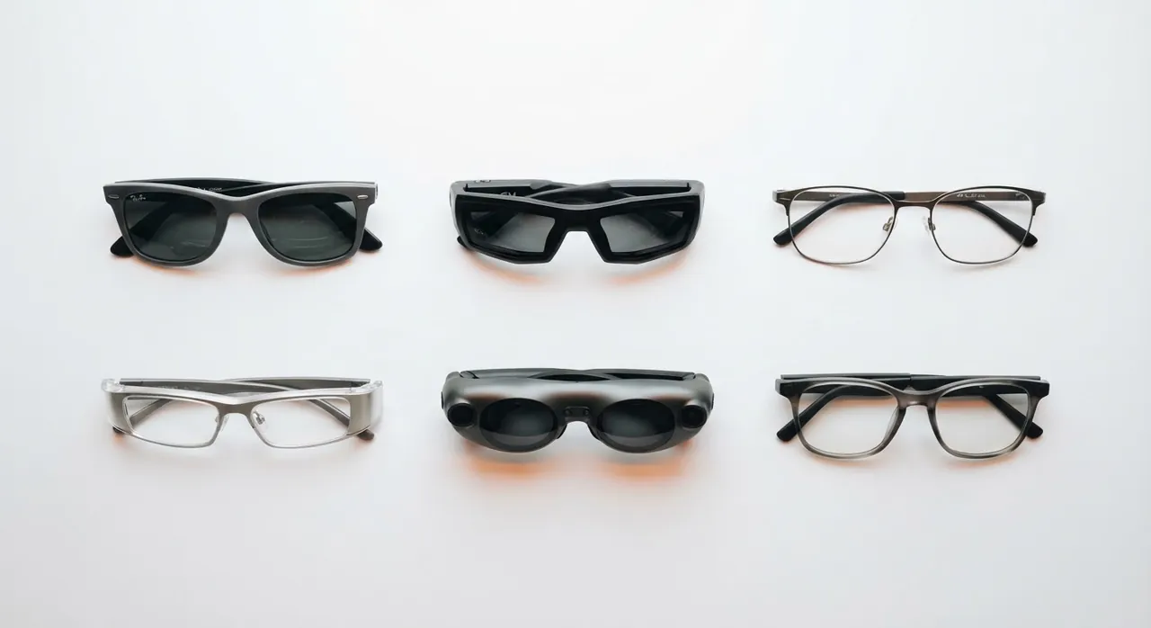 Seis pares de gafas inteligentes de distintos formatos colocados en cuadrícula sobre fondo blanco. (imagen generada con IA)