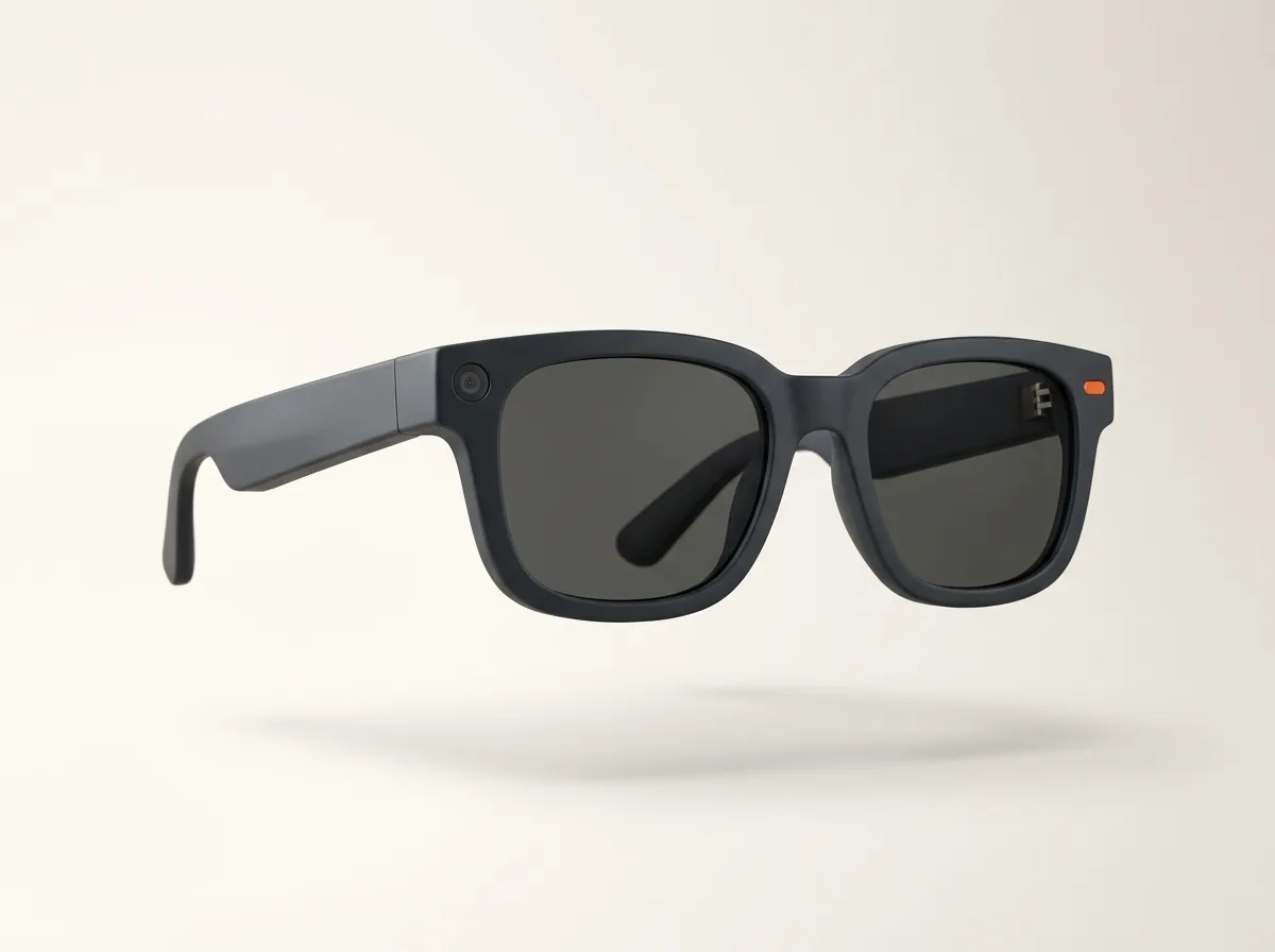 Gafas inteligentes de montura gruesa tipo Meta Fury vistas de frente (imagen generada con IA)