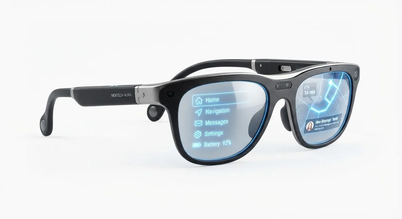 Gafas de realidad aumentada con un menú translúcido proyectado sobre la lente derecha. (imagen generada con IA)